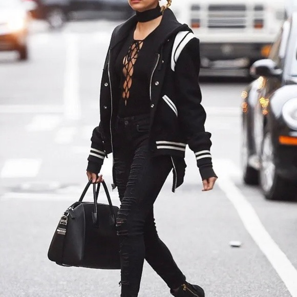 COPY - AUTHENTICATED SAINT LAURENT BLACK W/ WHITE LEATHER TRIM TEDDY BOMBER JAC… - Picture 2 of 15